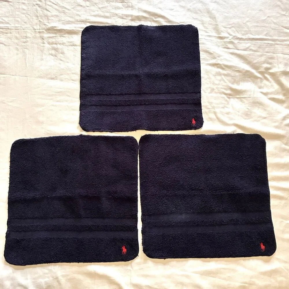7pc set VTG Ralph Lauren Home Hand Towels & Washcloths Navy Blue Red Pony USA